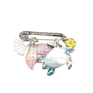Vintage Multi-Charms Safety Pin Brooch with Summer Theme Abalone Turtle Pink
